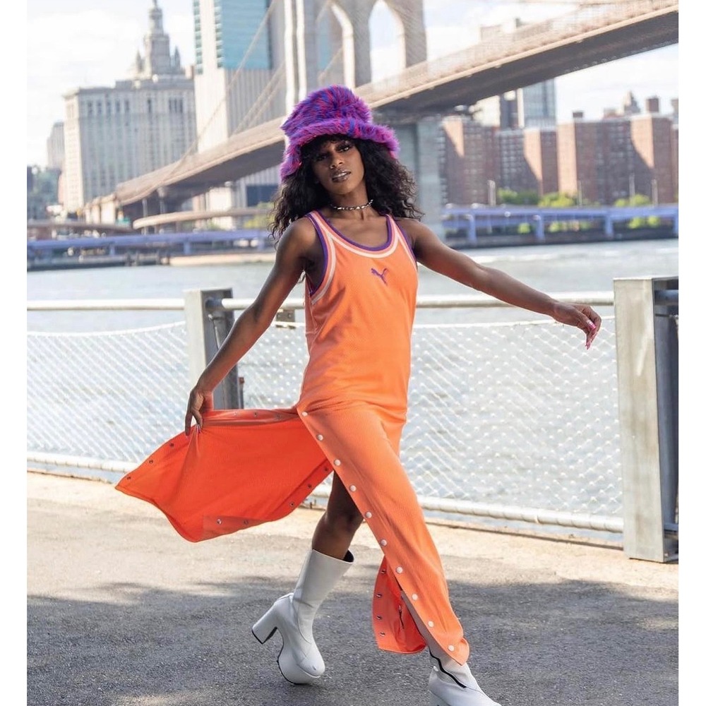 Puma Orange Mesh Basketball Jersey Maxi Dress Snap Sides Purple 04 Womens XS